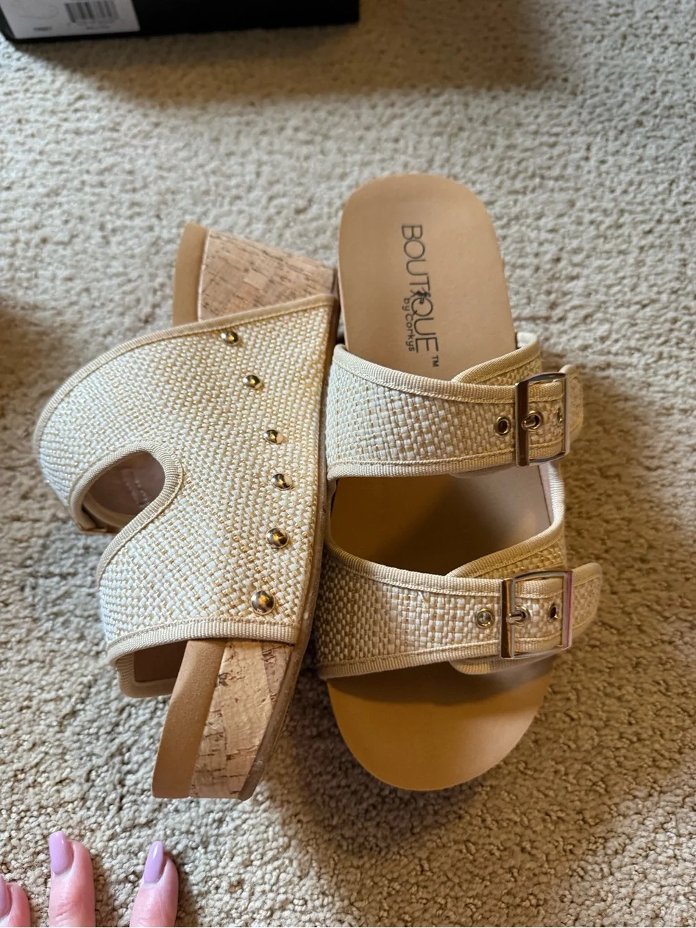 Cream Textured Wedge Sandal with Double Buckles